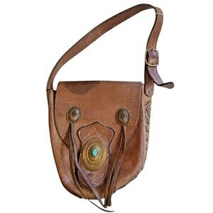 Vtg Hand Tooled Leather & Fringe Medium Shoulder Bag Brown Metal Turquoise